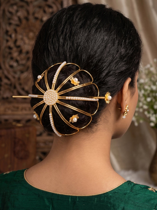 Gold-Plated Pearl Embellished Floral Hair Bun Accessory