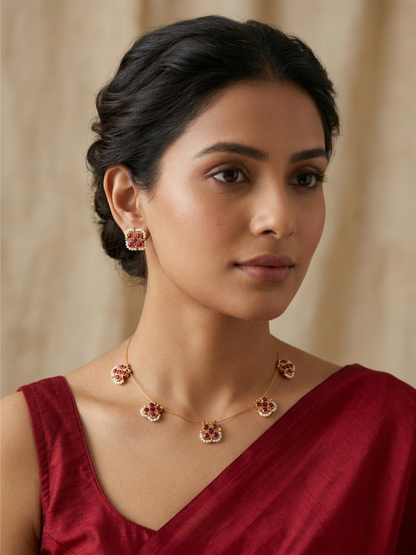 Gold-Plated Pink Stone & Pearl Embellished Minimal Choker Necklace Jewellery Set