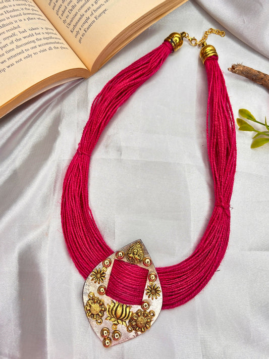Gold-Plated Oxidised Statement pink Thread Jute Necklace