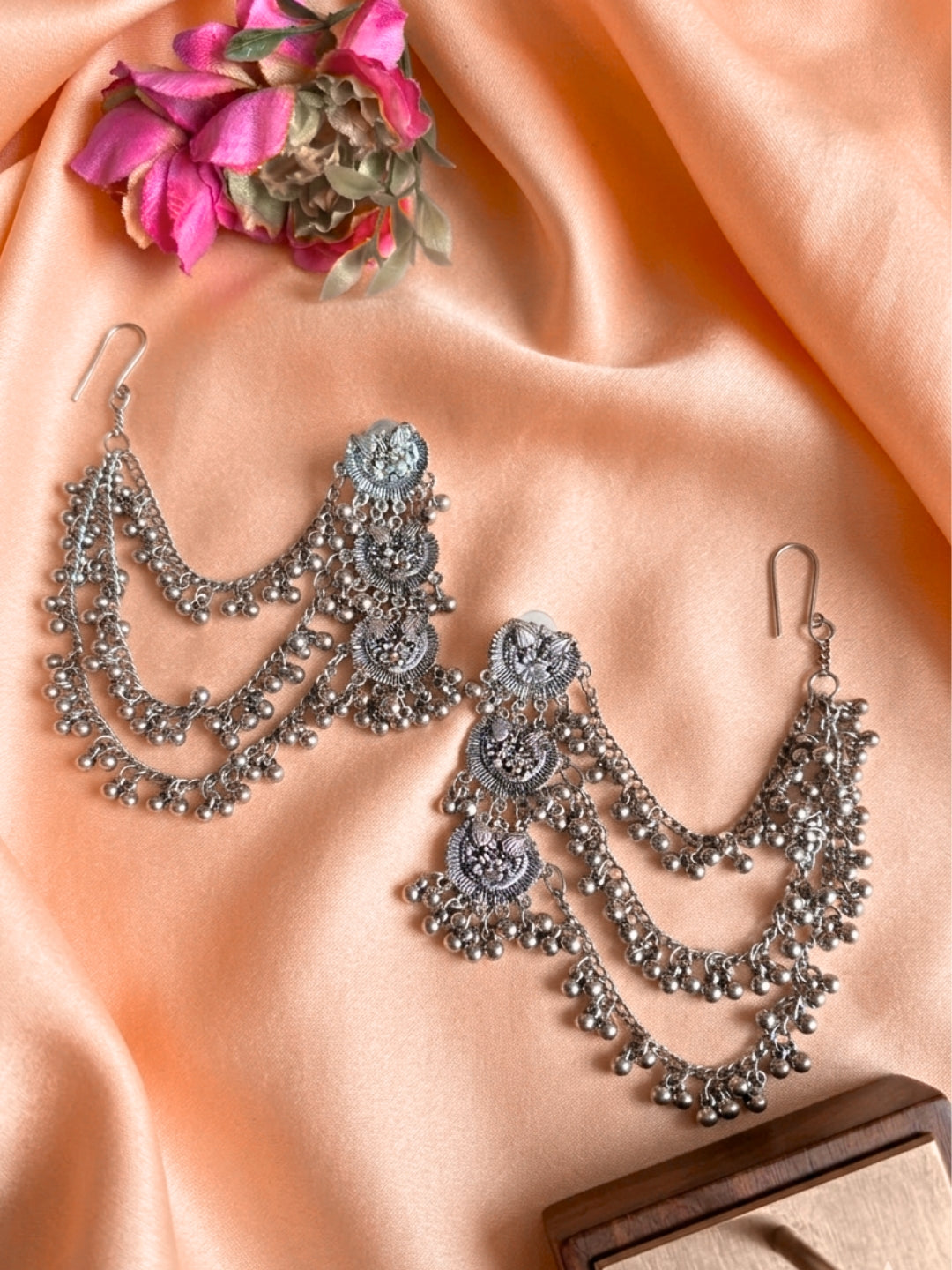 VIVAZS Oxidised 3 Layered EarChain Drop Earrings