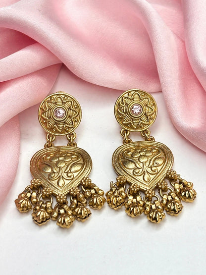 Gold-Plated Pink Kundan Stone Floral Drop Statement Earrings