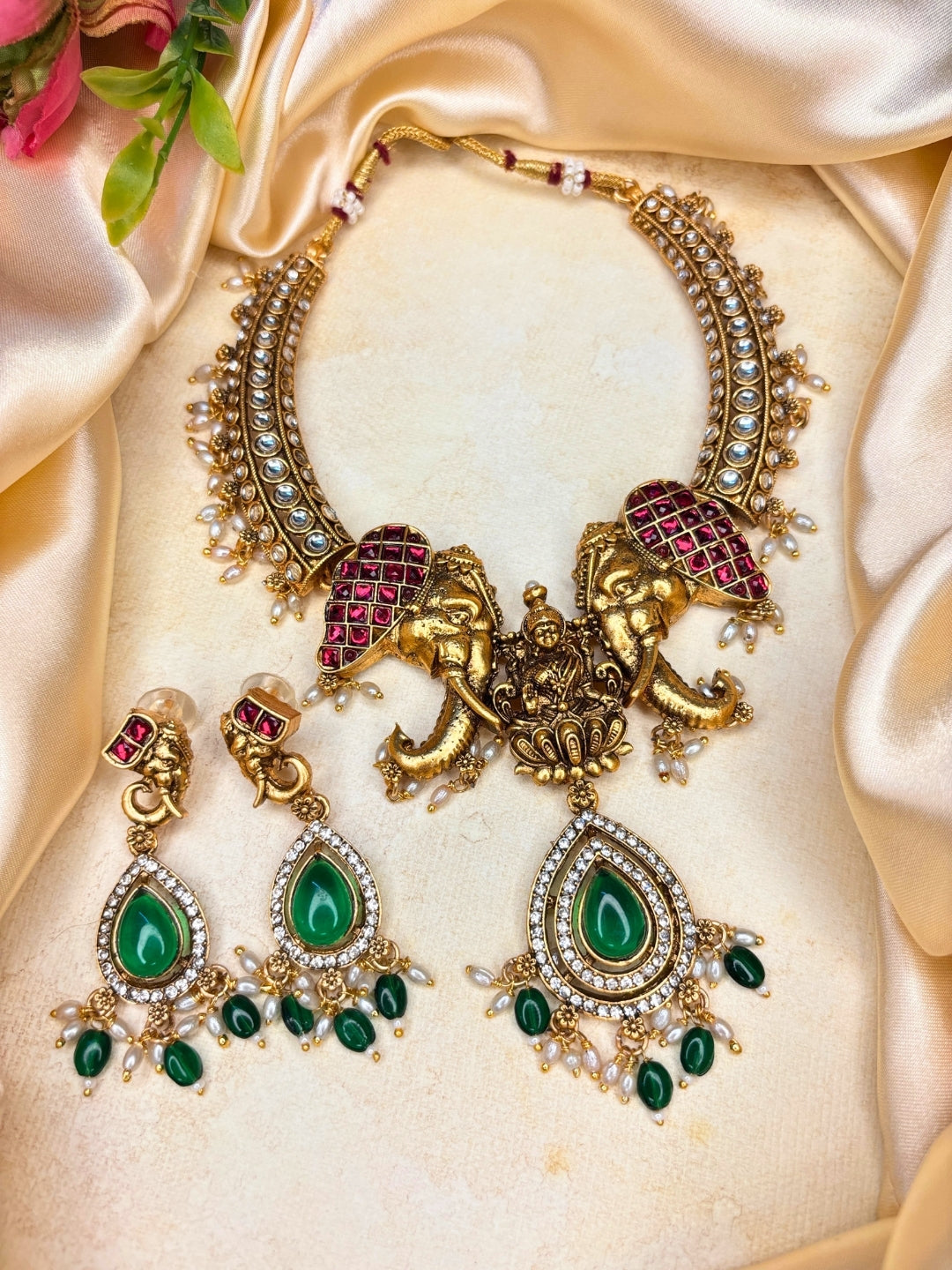 Gold-Plated Green Stone-Studded Temple Hasli Necklace Jewellery Set