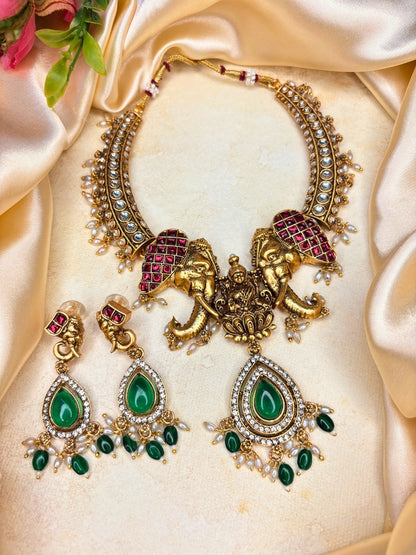 Gold-Plated Green Stone-Studded Temple Hasli Necklace Jewellery Set