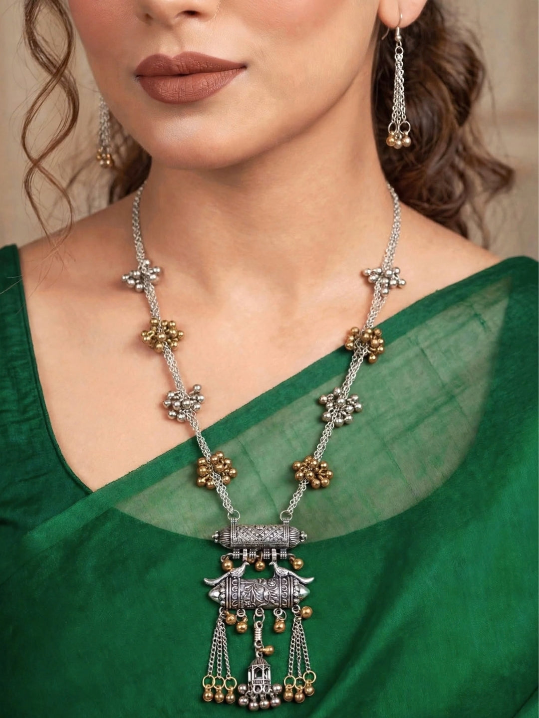 Dual-Tone Silver-Plated Oxidised Tribal Necklace Jewellery Set