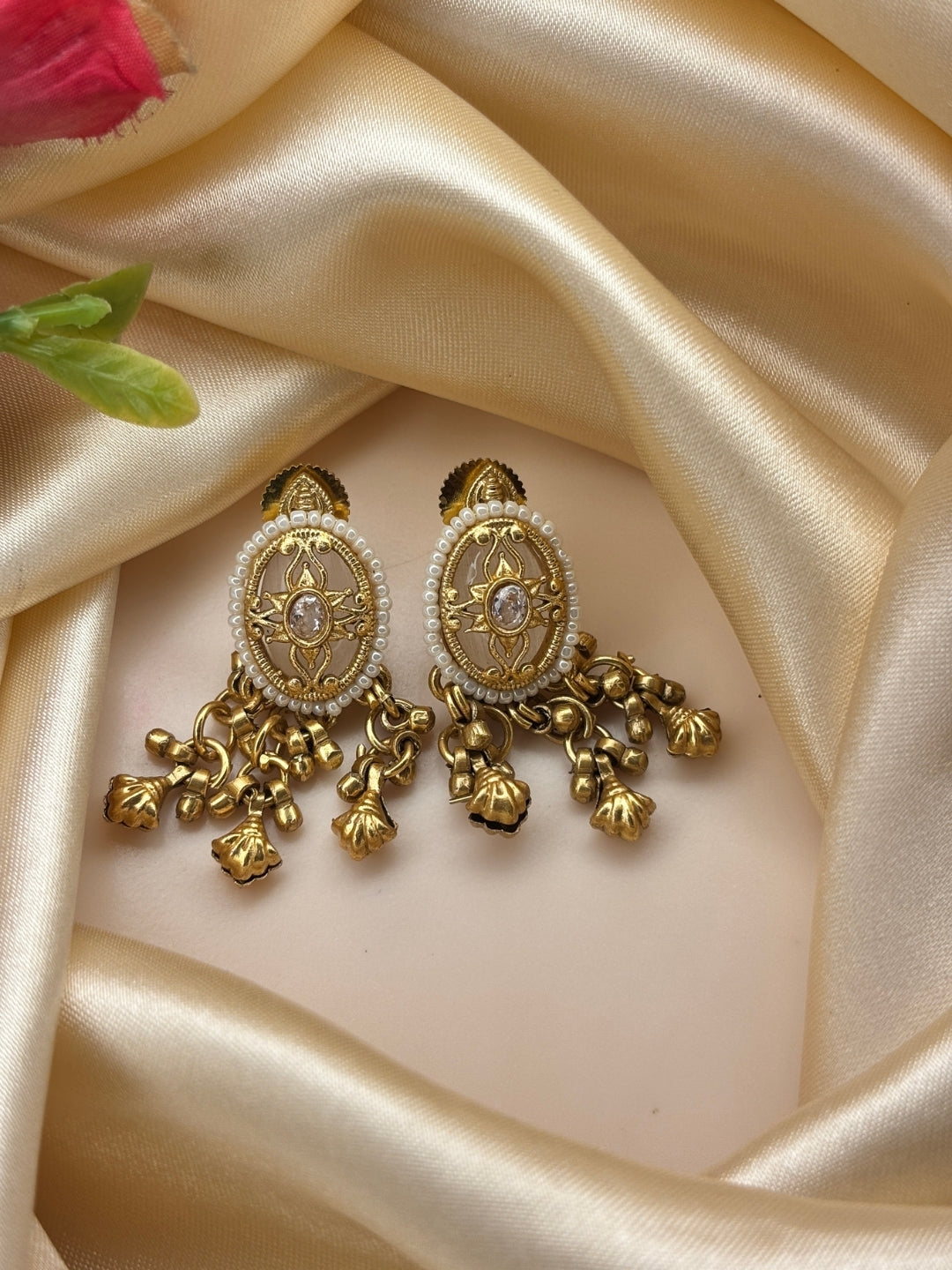 Gold-Plated White Kundan Stone Contemporary Stud Earrings