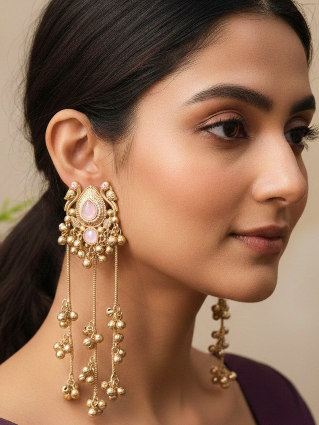 Gold-Plated Kundan & Ghungaroo Beaded Kashmiri Drop Earrings