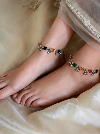 Oxidised Silver-Toned Multicolour Stone Beaded Anklet