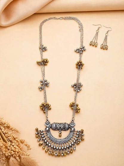 Dual-Tone Silver-Plated Oxidised Tribal Necklace Jewellery Set
