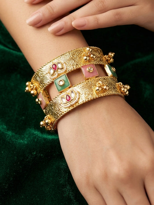 Women Gold-Plated Kundan & Pearl Embellished Adjustable Bangle Bracelet