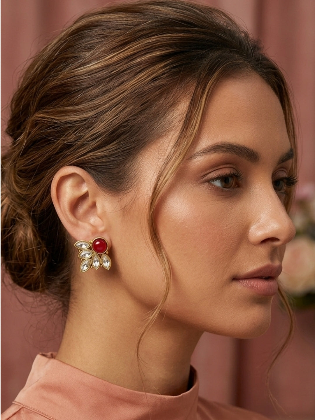 Gold-Plated Red Stone & White Crystal Leaf Design Stud Earrings