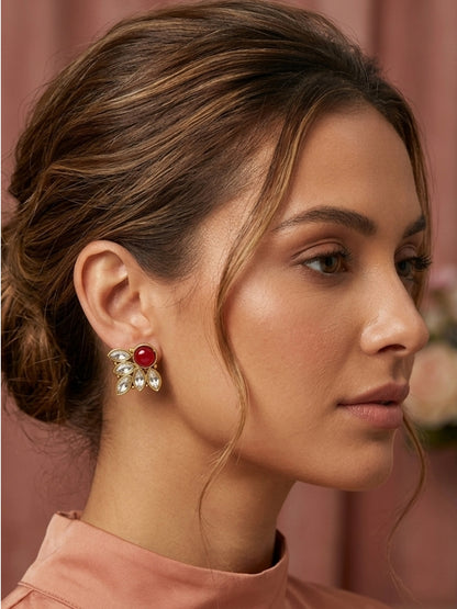 Gold-Plated Red Stone & White Crystal Leaf Design Stud Earrings