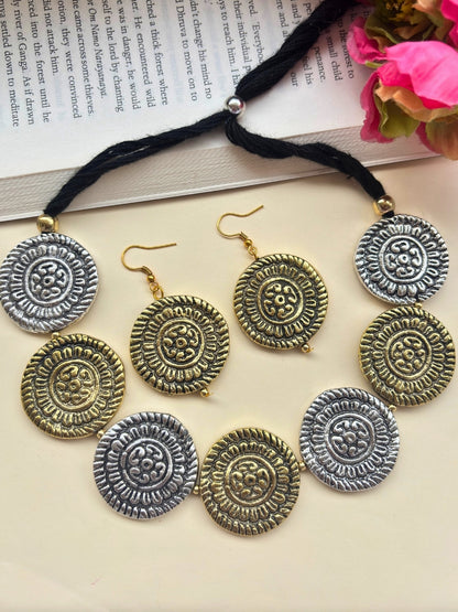 VIVAZS Oxidised Statement Coin Jewellery Set