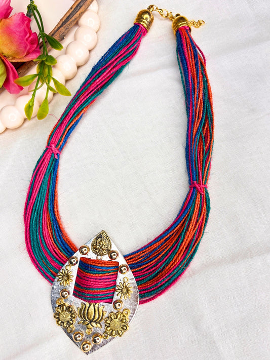 Gold-Plated Oxidised Statement Multi Thread Jute Necklace