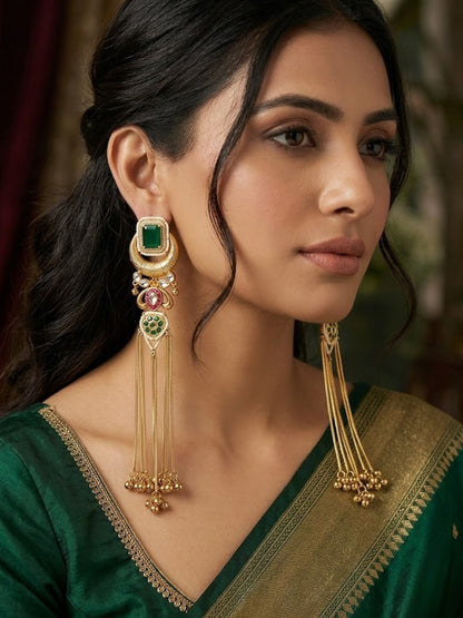 Gold-Toned Green Stone Embellished Kundan Tassel Drop Earrings
