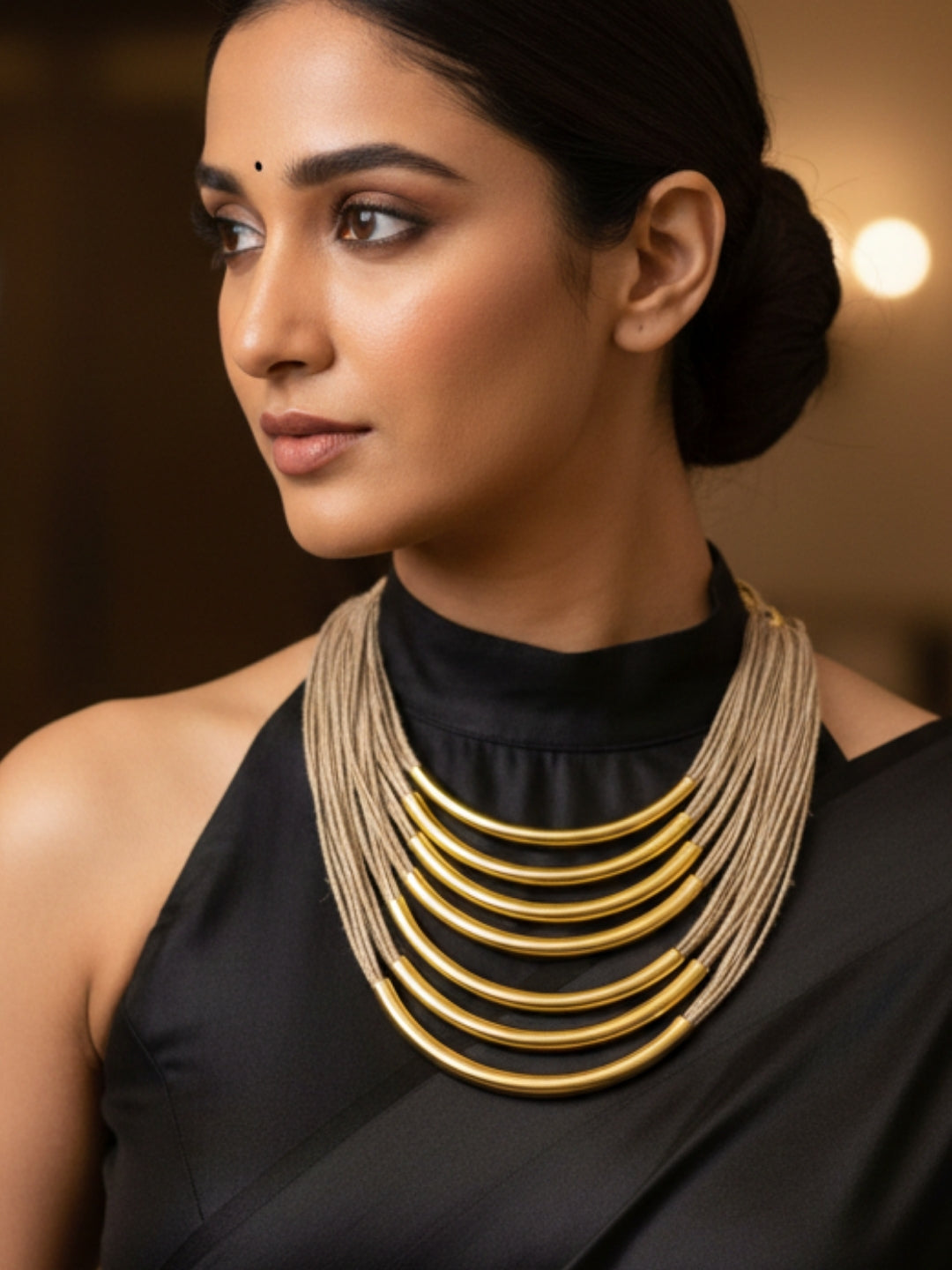 Brass and Jute Oxidised Gold Studded Crochet Necklace