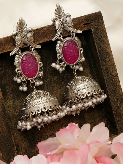 VIVAZS Oxidised Silver Plated Peacock Shaped Jhumkas Earrings