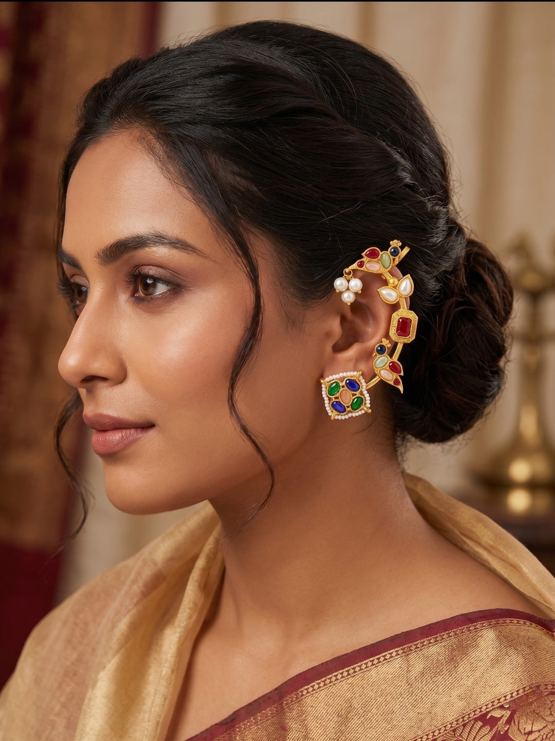 VIVAZS Gold Plated Contemporary Ear Cuff Earrings (Multi color)
