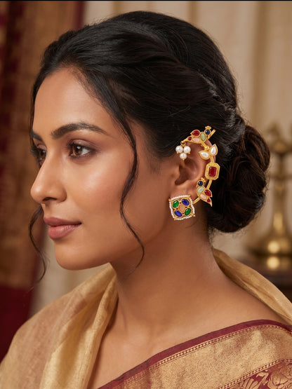 VIVAZS Gold Plated Contemporary Ear Cuff Earrings (Multi color)