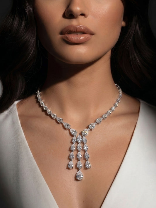 Silver Plated Ad & Cubic Zirconia Studded Premium Necklace Jewellery Set