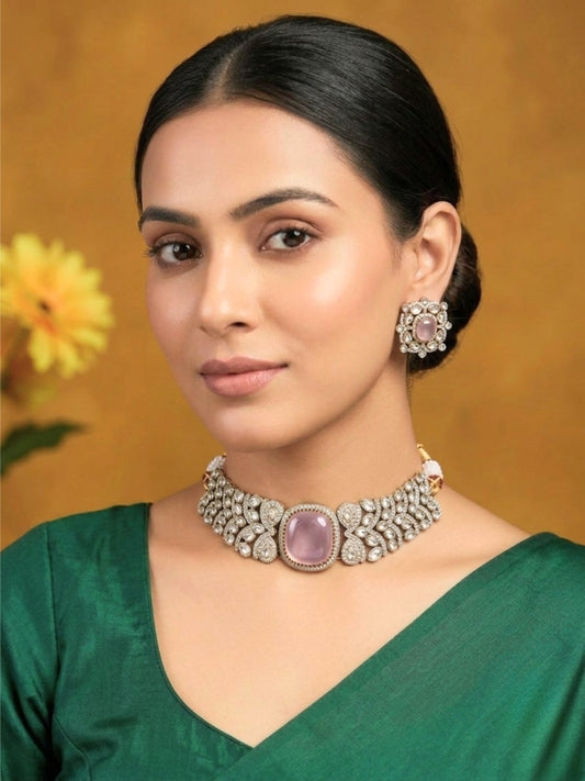 VIVAZS pink Kundan-Studded Cubic Zirconia Golden Necklace Set