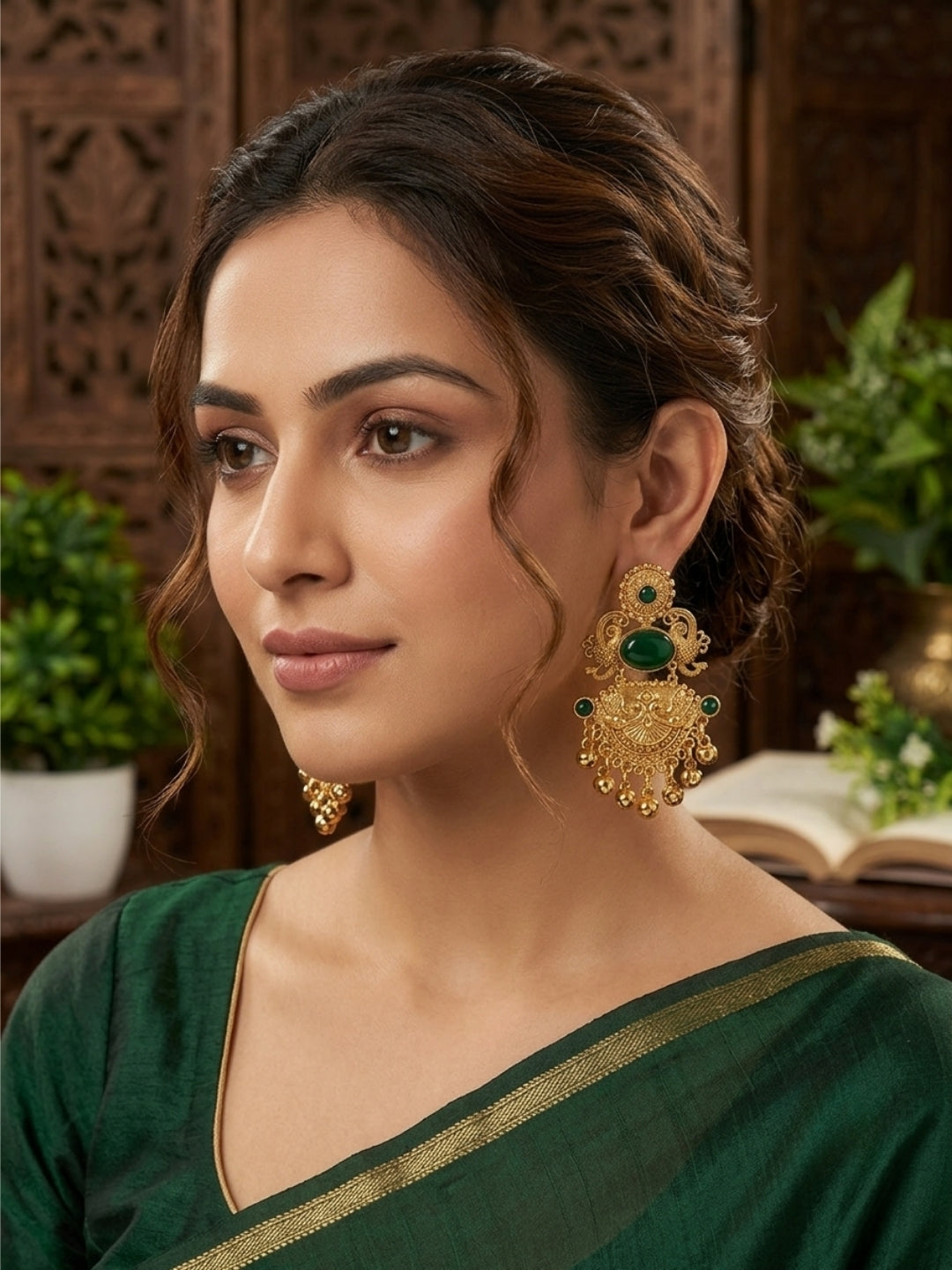 Gold-Plated Green Stone-Studded Peacock Motif Dangler Earrings