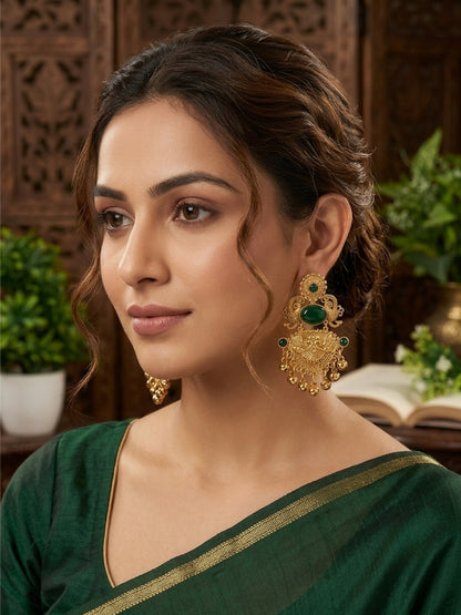 Gold-Plated Green Stone-Studded Peacock Motif Dangler Earrings