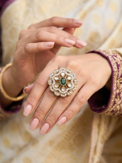 Gold-Plated Stone Kundan Floral Statement Ring
