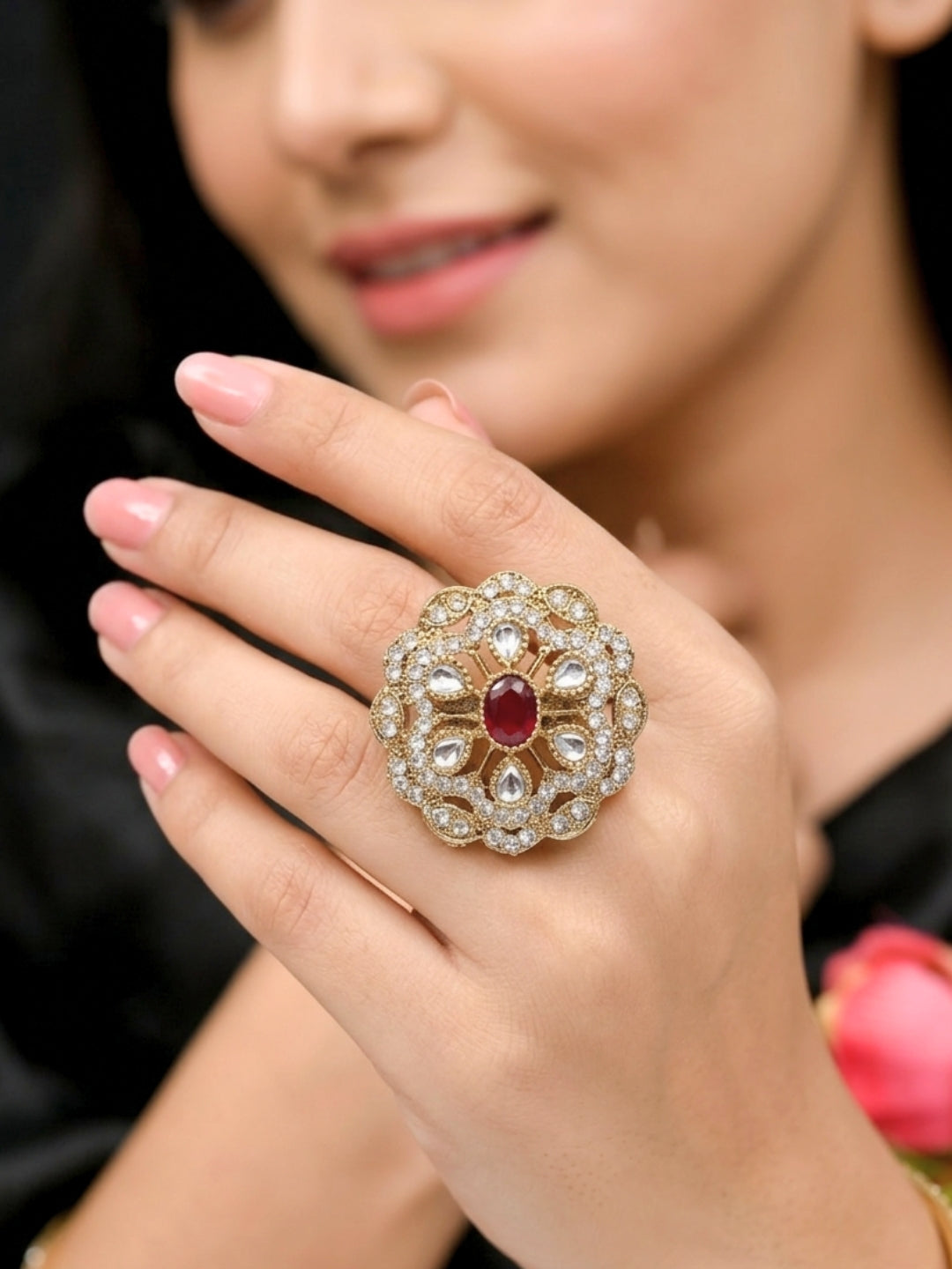 Gold-Plated Stone Kundan Floral Statement Ring