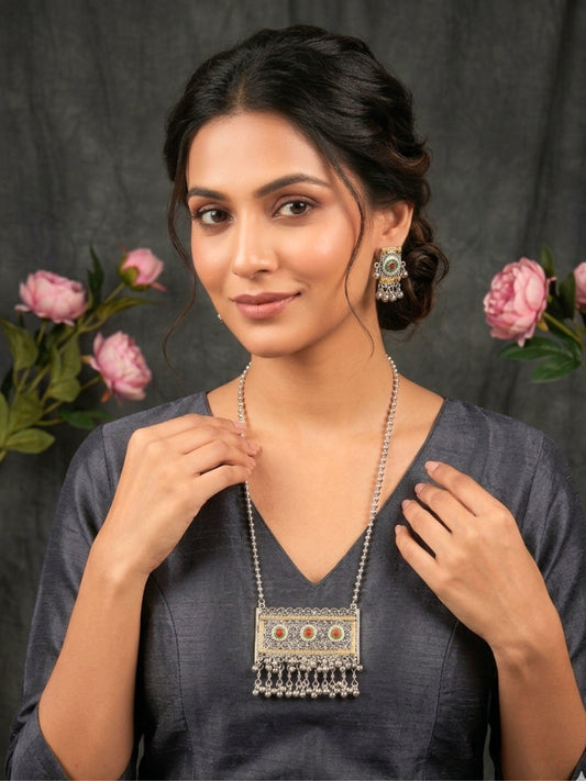 Women Oxidised Silver-Plated Long Pendant Necklace & Earrings Set