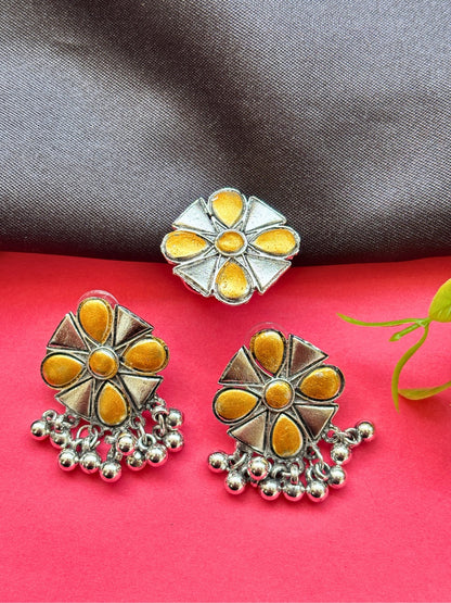 Women Oxidised Silver-Plated Mustard Yellow Floral Earrings & Statement Ring Set