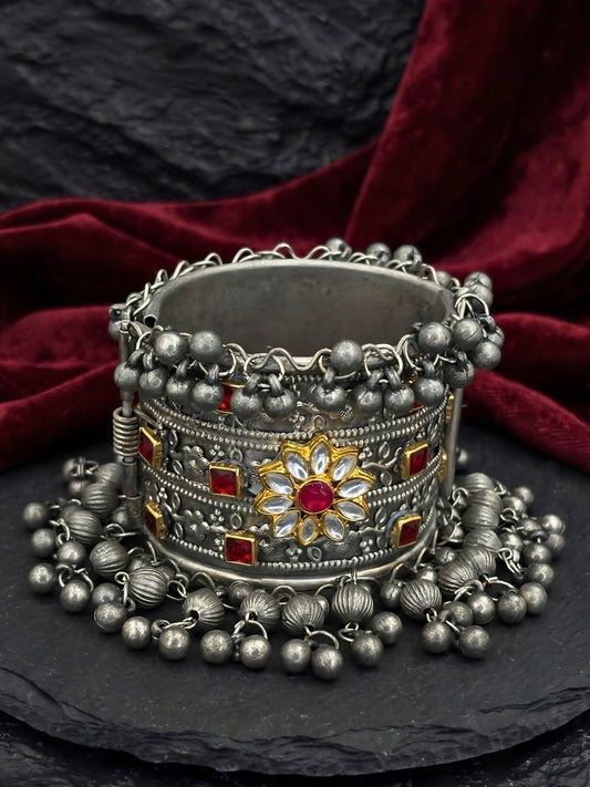 Silver-Plated Oxidised Red Stone Ghungroo Statement Kada Bangle Bracelet