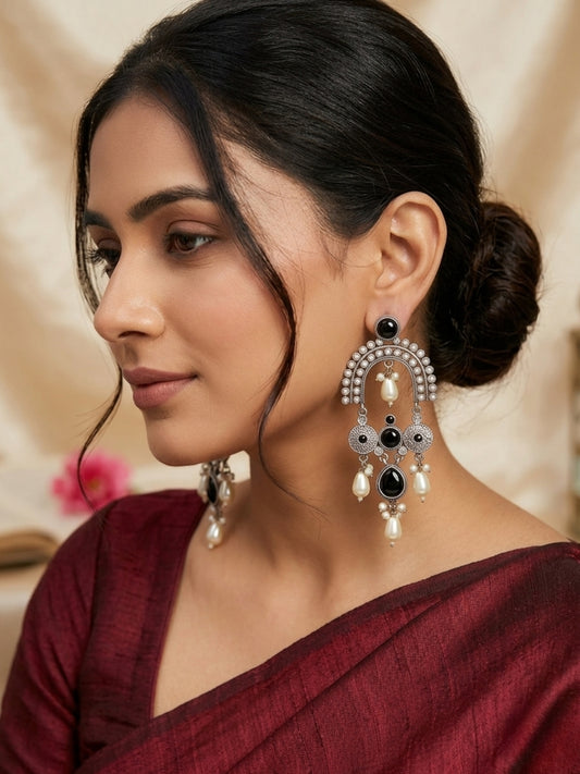 Black Stone & Pearl Embellished Oxidised Chandbali Statement Earrings