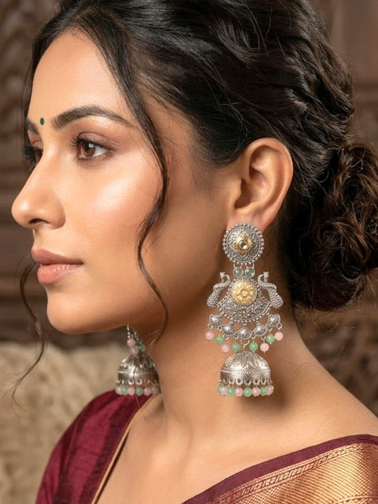 Oxidised Silver Plated Peacock Shaped Jhumkas Earrings (Pink & Mint)
