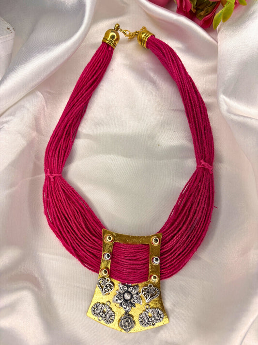 Gold-Plated Oxidised Statement Pink Thread Jute Necklace