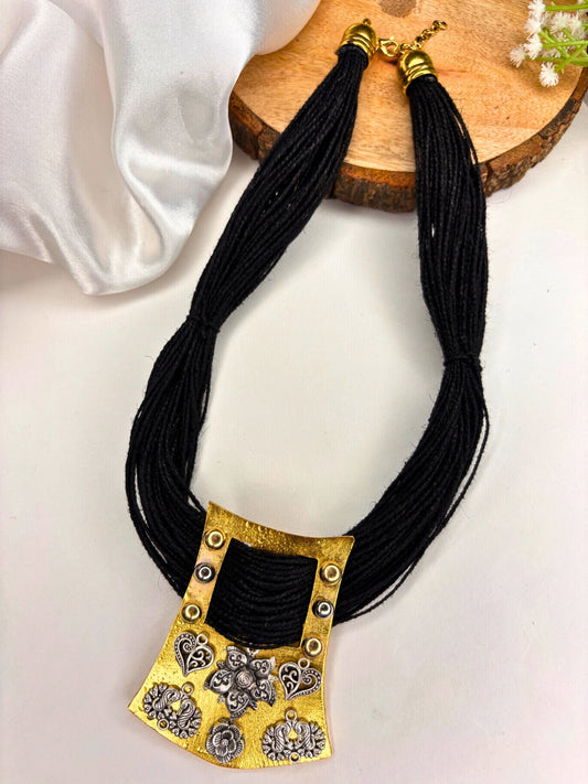 Gold-Plated Oxidised Statement Black Thread Jute Necklace