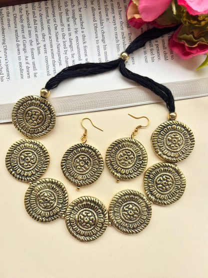 VIVAZS Oxidised Statement Coin Jewellery Set