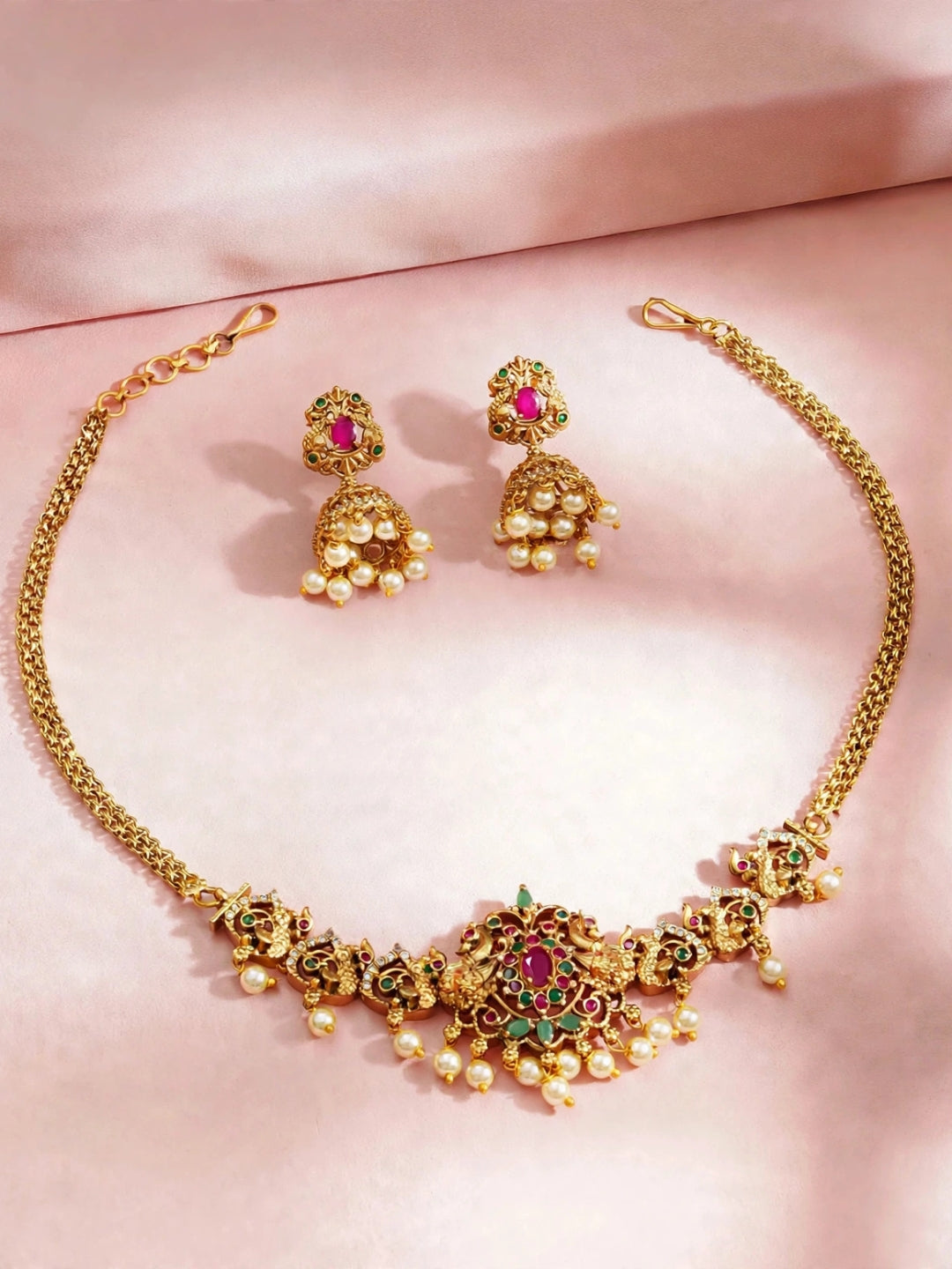 Gold-Plated Ruby & Emerald CZ Studded Temple Jewellery Set