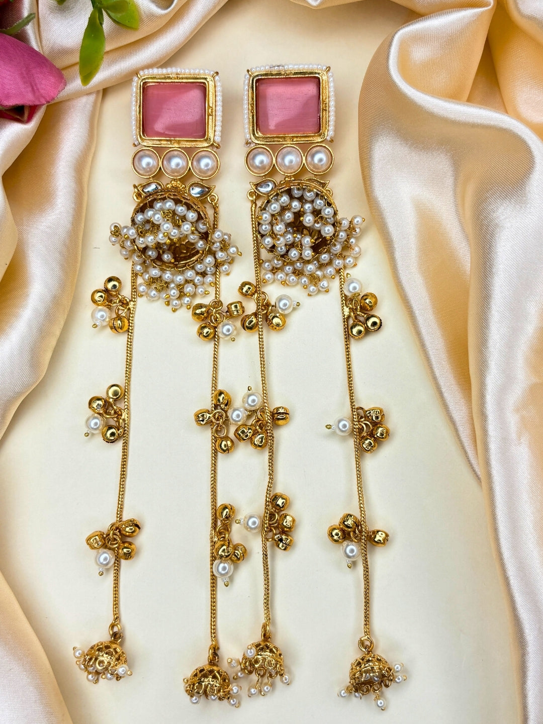 Gold-Plated Red Kundan Stone Long  Kashmiri Drop Earrings