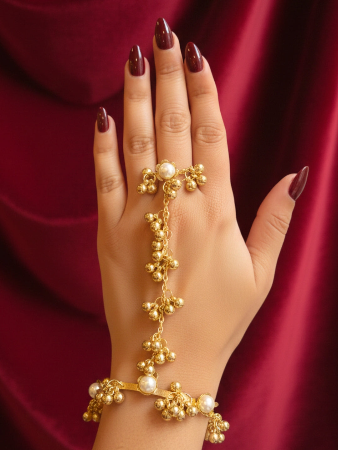 VIVAZS Gold-Plated Pearl Ring Bracelet With Hathphool