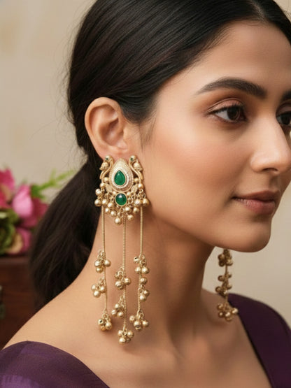 Gold-Plated Kundan & Ghungaroo Beaded Kashmiri Drop Earrings