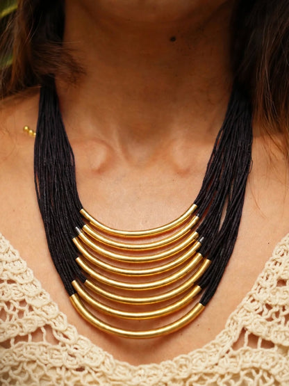 Gold-Plated Oxidised Statement Black Thread Layered Jute Necklace