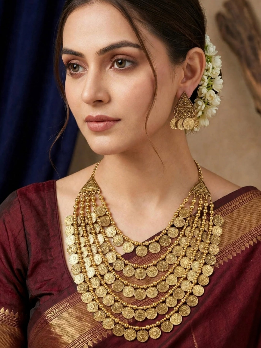 Gold-Plated Antique Coin Layered Statement Necklace Jewellery Set