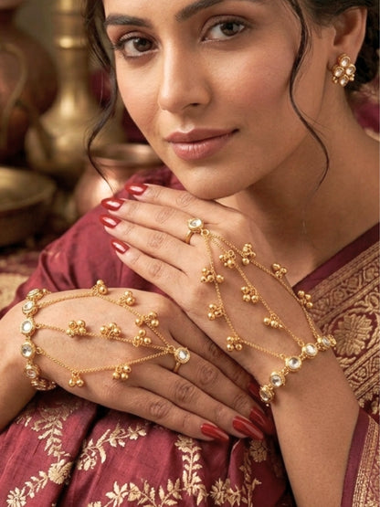 Gold-Plated Kundan Studded Ghungaroo Hath Phool  Kashmiri Ring Bracelet set
