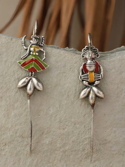 Oxidised Silver-Plated Mismatch Folk Art Drop Earcuff Earrings