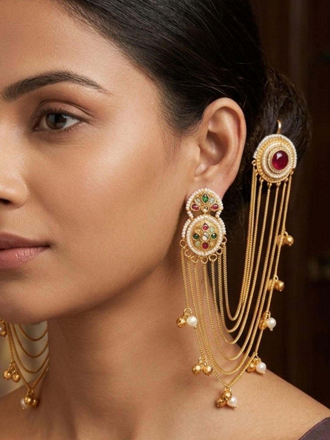 VIVAZS Kundan and AD Crystal Statement Kan Chain Earrings