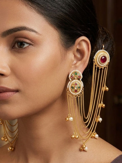 VIVAZS Kundan and AD Crystal Statement Kan Chain Earrings