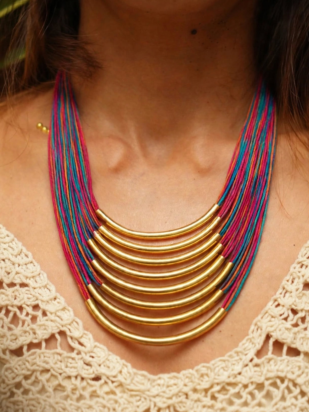 Gold-Plated Oxidised Statement Multi Thread Layered Jute Necklace