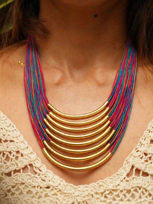 Gold-Plated Oxidised Statement Multi Thread Layered Jute Necklace
