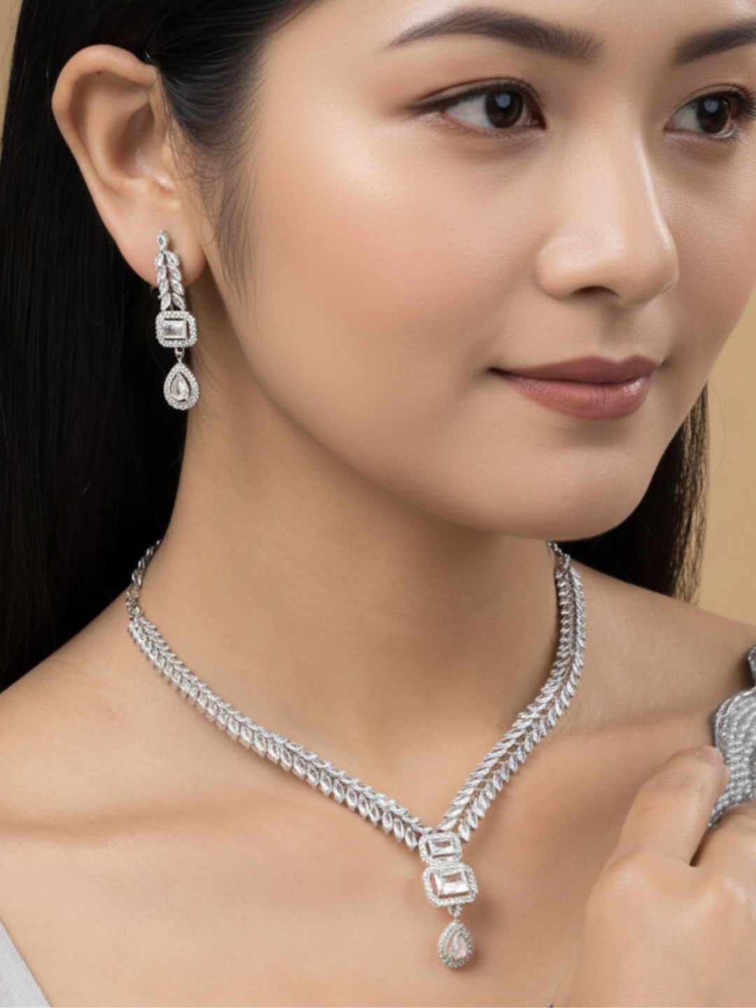 Rhodium-Plated AD & Cubic Zirconia Studded Necklace Set