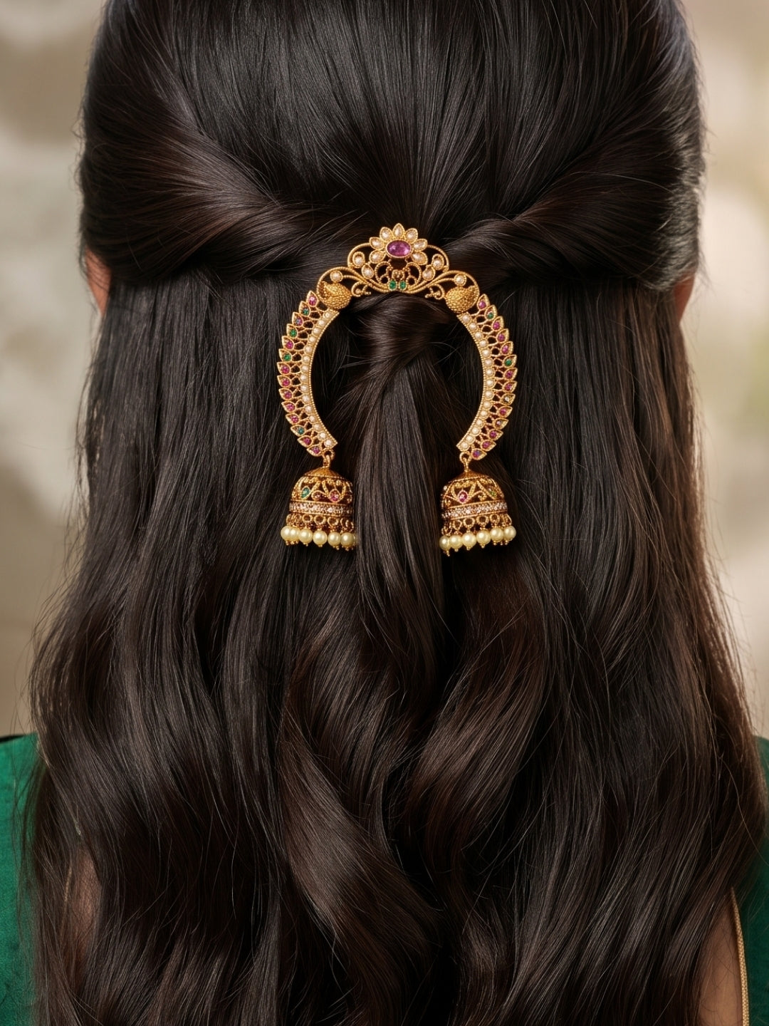 Gold-Plated Multicolour AD Stone Embellished Pearl Jhumka Juda Pin